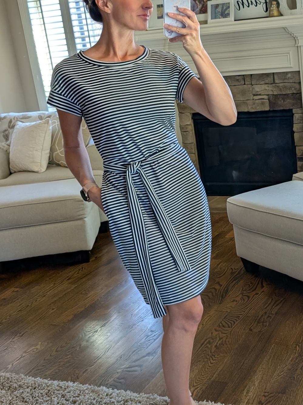 Striped Short-Sleeve Tie-Waist Dress in Navy/White